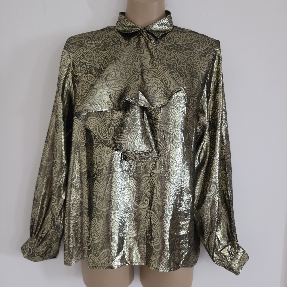 Vintage 70s 80s Dalton paisley gold metallic Blouse ruffle collar Size 10